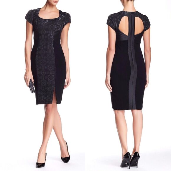 Theia Cocktail Dress Black Geometric Jacquard Side Slit 6 - Picture 1 of 10